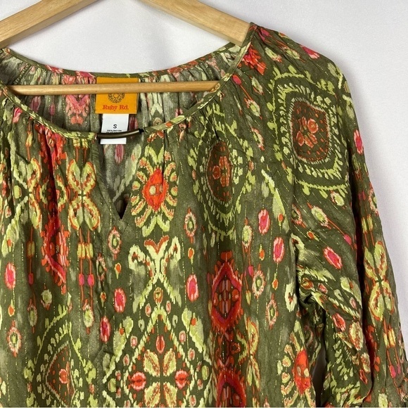 Ruby Rd Olive Green & Red Printed Long Sleeve Blouse S - Picture 3 of 4